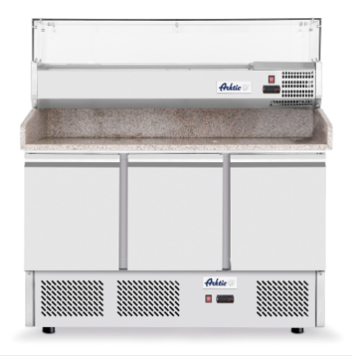 Stół chłodniczy do pizzy z blatem granitowym | 3-drzwiowy z nadstawką