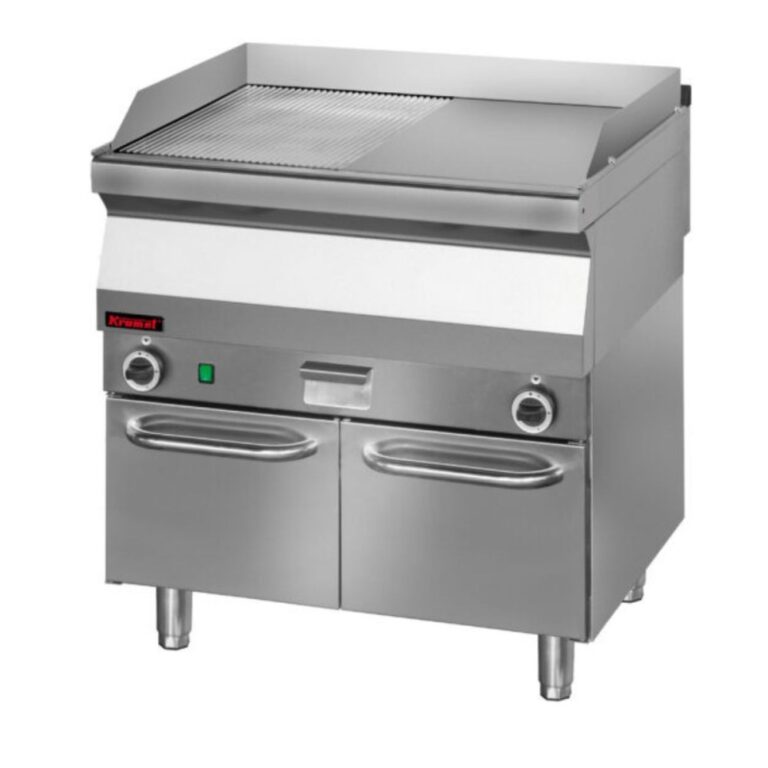 Płyta grillowa elektryczna na podstawie szafkowej zamkniętej 1/2 gładka + 1/2 ryflowana chromowana 800 mm | Linia 700